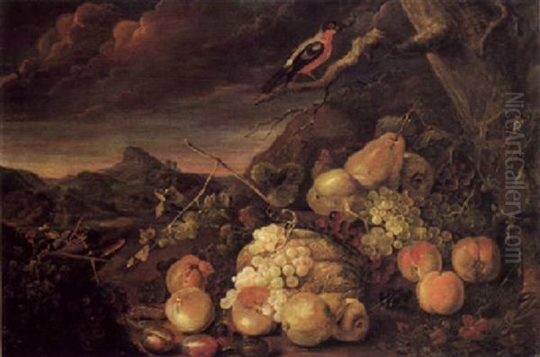 Still Life Of Fruit And A Bird In An Open Landscape Oil Painting by Jakob Bogdani