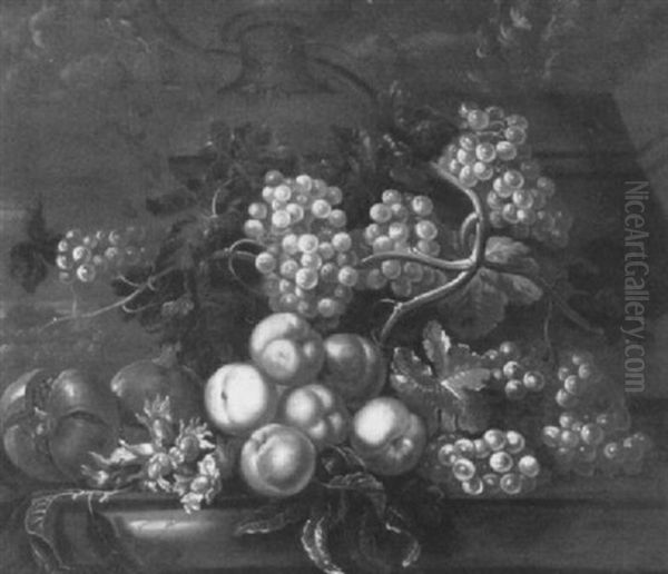 Grapes, Peaches And Pomegranates On A Ledge Oil Painting by Jakob Bogdani