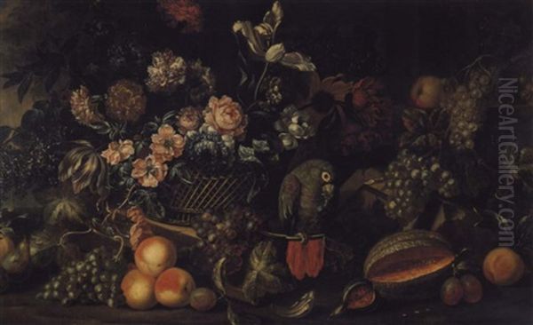 Nature Morte Au Panier De Fleurs, Avec Des Fruits Et Un     Perroquet Oil Painting by Jakob Bogdani