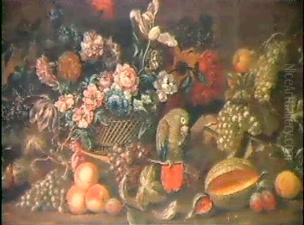 Stilleben Mit Blumen, Fruchtenund Papagei Oil Painting by Jakob Bogdani