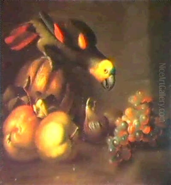 A Still Life With A Parakeet, Apples, Melons, Figs And      Grapes, On A Ledge Oil Painting by Jakob Bogdani