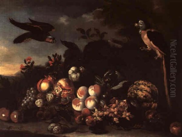 Still Life With Peaches, Pomegranates, Apples, Grapes And   Melons With Two Exotic Birds Oil Painting by Jakob Bogdani