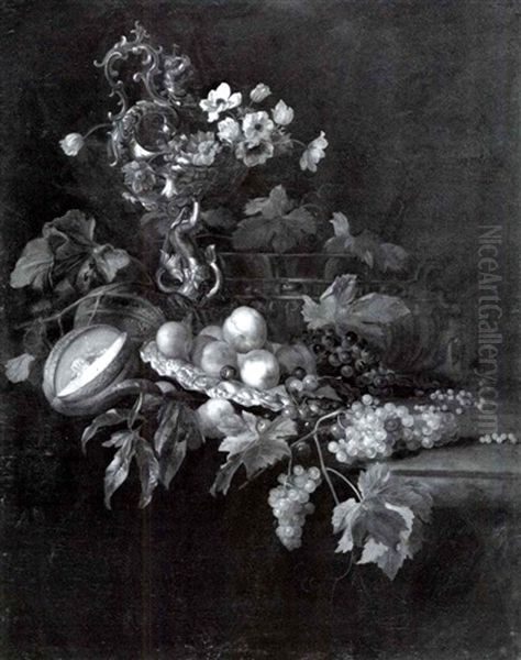 Elaborate Still Life With A Standing Cup Filled With        Flowers, A Silver Platter Withpeaches Oil Painting by Jakob Bogdani