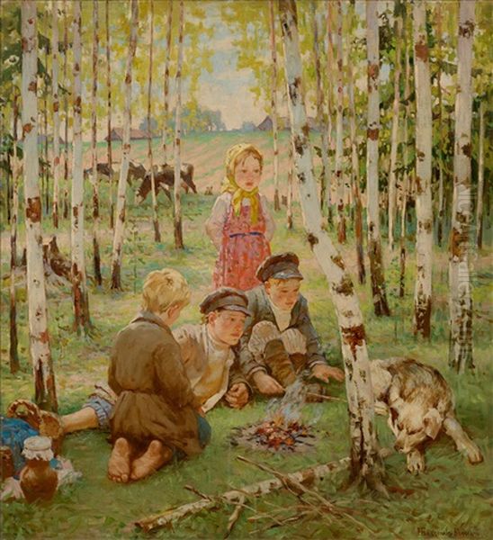 Peasant Children At A Campfire Oil Painting by Nikolai Petrovich Bogdanov-Bel'sky