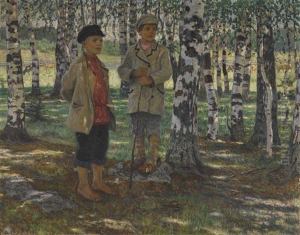 Boys In A Birch Forest Oil Painting by Nikolai Petrovich Bogdanov-Bel'sky