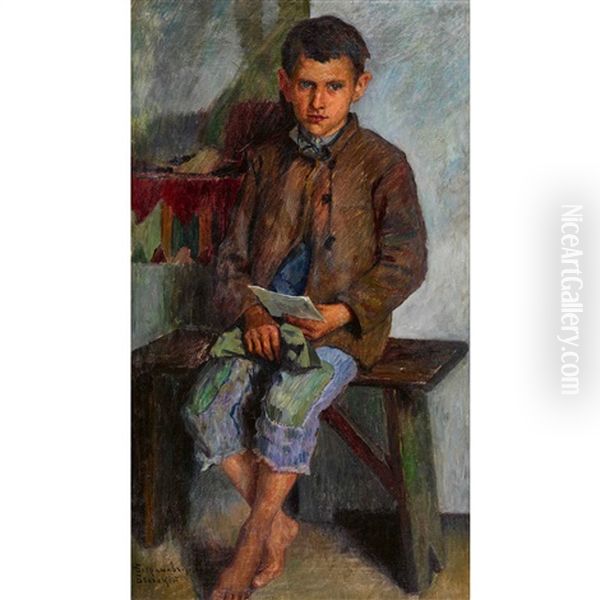 Sitting Boy With Letter Oil Painting by Nikolai Petrovich Bogdanov-Bel'sky