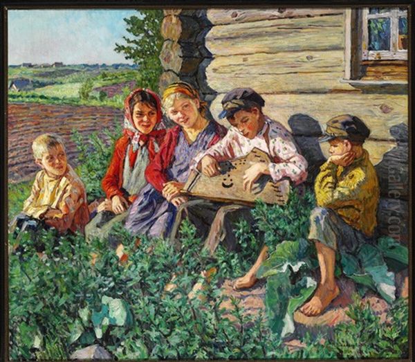 Summer Day In Russia With A Boy Playing Citar For The Girls Oil Painting by Nikolai Petrovich Bogdanov-Bel'sky