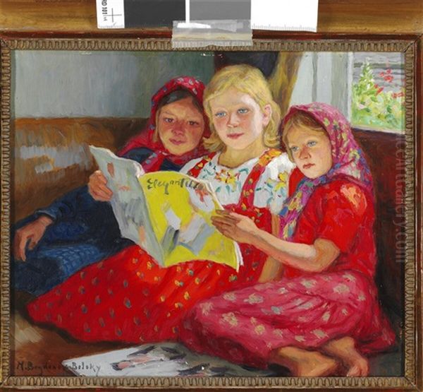 Three Russian Girls In Colourful Dresses And Head Scarffs Reading A Magazine Oil Painting by Nikolai Petrovich Bogdanov-Bel'sky