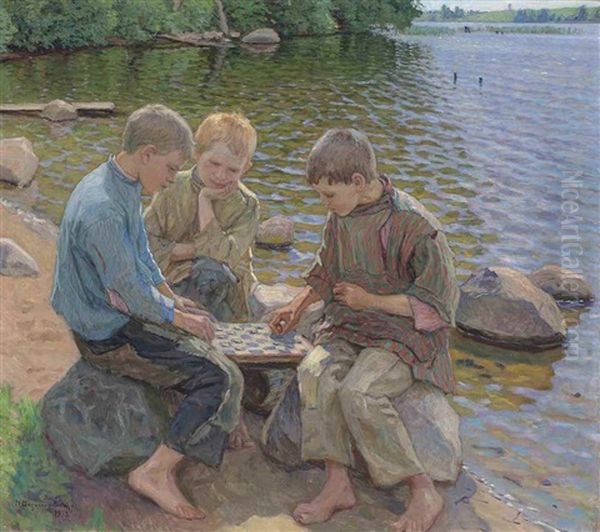 On The Bank Of The Lake Oil Painting by Nikolai Petrovich Bogdanov-Bel'sky