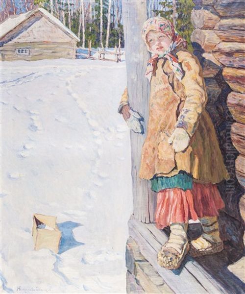 Madchen Mit Kopftuch An Einen Pfeiler Gelehnt In Winterlicher Landschaft Oil Painting by Nikolai Petrovich Bogdanov-Bel'sky