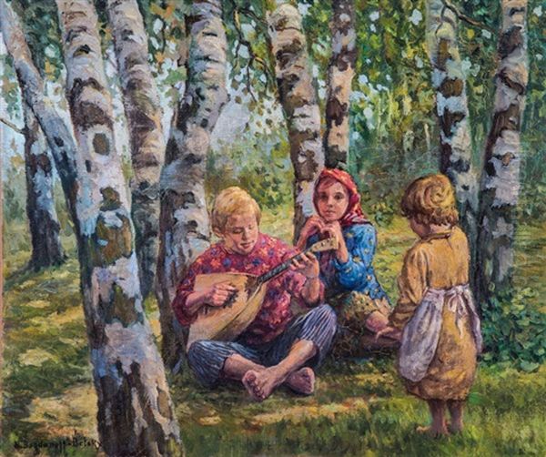 Balalaika Spielender Junge Mit Zwei Madchen In Sommerlichem Birkenwald Oil Painting by Nikolai Petrovich Bogdanov-Bel'sky