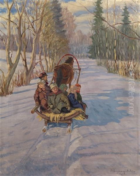 Children On A Sledge Oil Painting by Nikolai Petrovich Bogdanov-Bel'sky