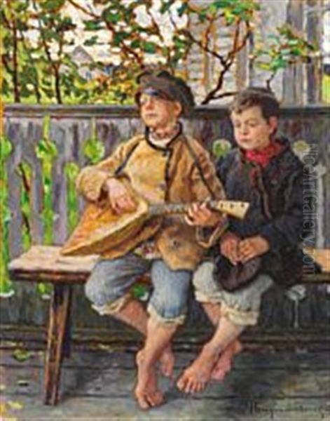 A Russian Boy Playing Balalaika For His Friend Oil Painting by Nikolai Petrovich Bogdanov-Bel'sky