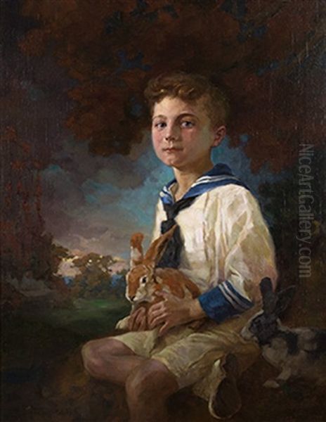 Portrait Of A Young Boy With Rabbits Oil Painting by Nikolai Petrovich Bogdanov-Bel'sky