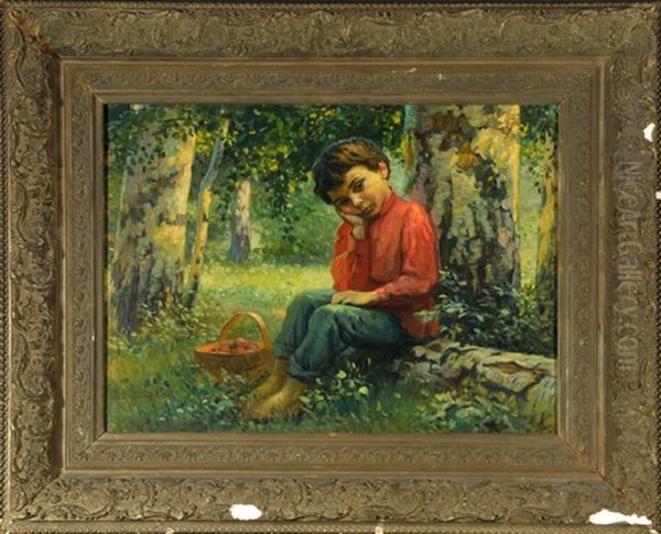 Rastender Junge Beim Pilze Sammeln Im Birkenwald Oil Painting by Nikolai Petrovich Bogdanov-Bel'sky