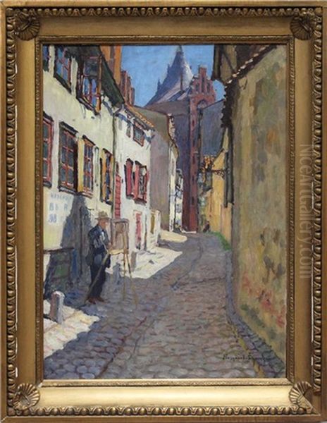 Selbstbildnis Des Kunstlers, An Staffellei In Der Altstadt Von Riga Stehend Oil Painting by Nikolai Petrovich Bogdanov-Bel'sky