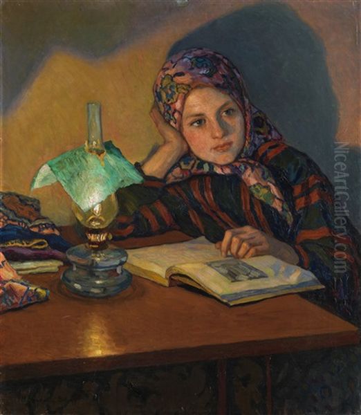 Reading Girl Oil Painting by Nikolai Petrovich Bogdanov-Bel'sky