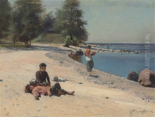 On The Beach Oil Painting by Nikolai Petrovich Bogdanov-Bel'sky