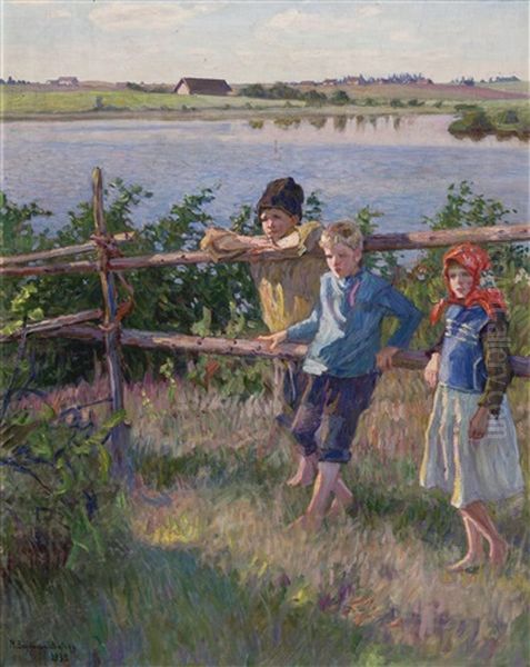 Children By A Lake Oil Painting by Nikolai Petrovich Bogdanov-Bel'sky