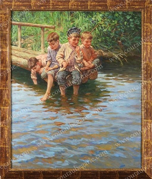 Enfants A La Peche Oil Painting by Nikolai Petrovich Bogdanov-Bel'sky