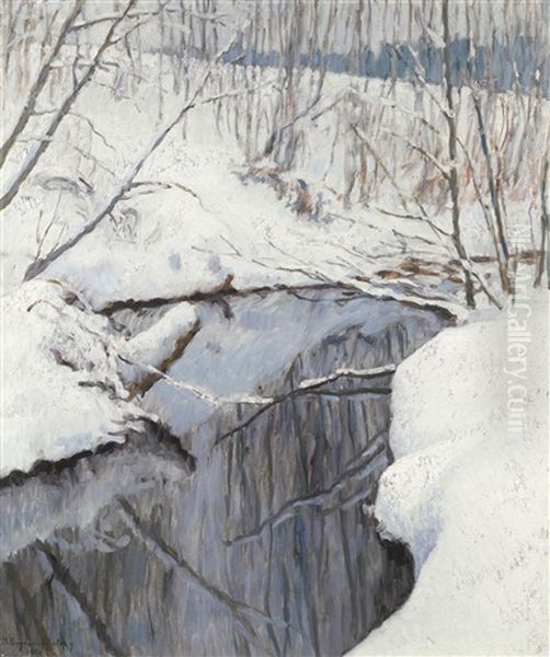 Stream In Winter Oil Painting by Nikolai Petrovich Bogdanov-Bel'sky