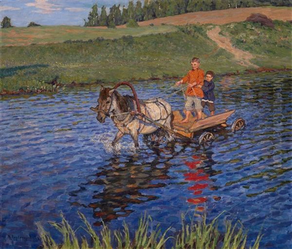 Crossing The River Oil Painting by Nikolai Petrovich Bogdanov-Bel'sky