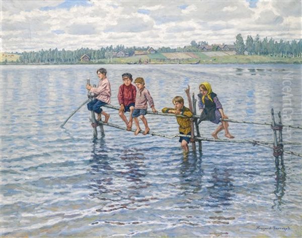 Children At A Lake In Lettgallia Oil Painting by Nikolai Petrovich Bogdanov-Bel'sky