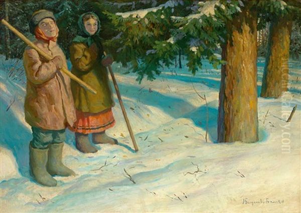 Figurenpaar In Sonnig Beleuchteter, Tief Verschneiter Waldlandschaft Oil Painting by Nikolai Petrovich Bogdanov-Bel'sky