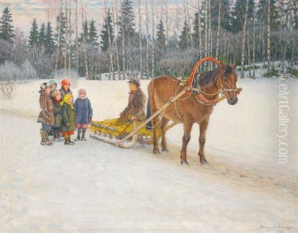 Winter Sleigh With Children Oil Painting by Nikolai Petrovich Bogdanov-Bel'sky