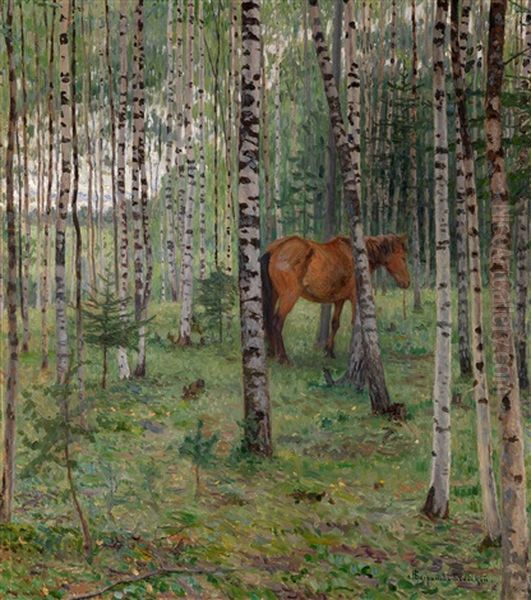 Horse In A Birch Grove Oil Painting by Nikolai Petrovich Bogdanov-Bel'sky