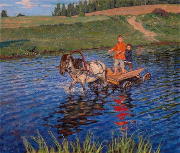 Crossing The River Oil Painting by Nikolai Petrovich Bogdanov-Bel'sky