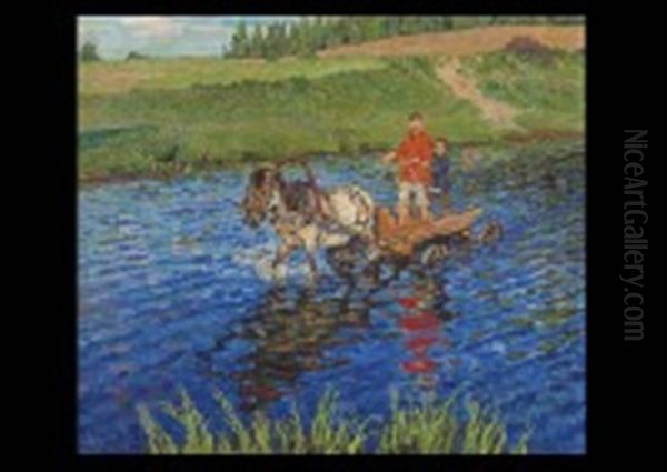 Crossing The River Oil Painting by Nikolai Petrovich Bogdanov-Bel'sky