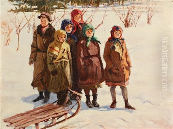 Children With A Sled Oil Painting by Nikolai Petrovich Bogdanov-Bel'sky