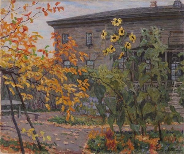 Sunflowers In The Garden Oil Painting by Nikolai Petrovich Bogdanov-Bel'sky