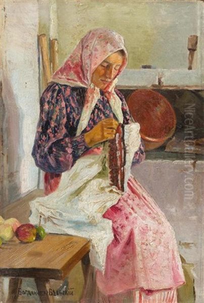 Stickende Frau Mit Kopftuch Oil Painting by Nikolai Petrovich Bogdanov-Bel'sky