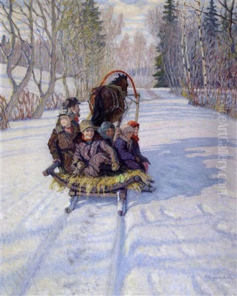 Jeunes Enfants Sur Le Traineau Oil Painting by Nikolai Petrovich Bogdanov-Bel'sky