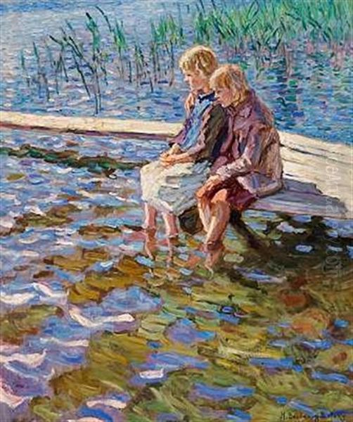 Two Girls Sitting On A Bathing Jetty With Their Feet In The Water Oil Painting by Nikolai Petrovich Bogdanov-Bel'sky