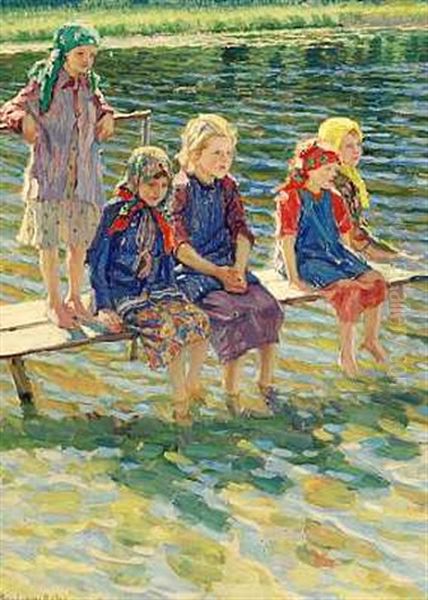 Fem Sma Piger Pa En Badebro Oil Painting by Nikolai Petrovich Bogdanov-Bel'sky