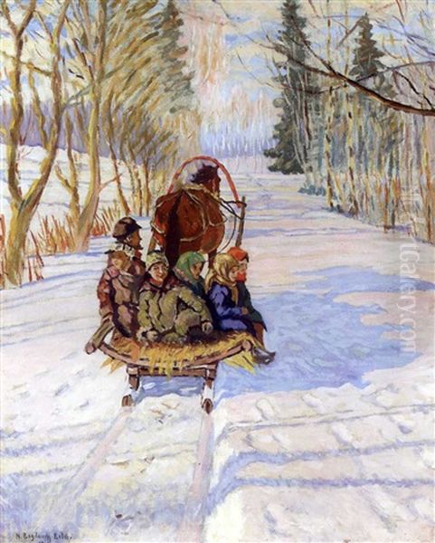 Children On A Sleigh Oil Painting by Nikolai Petrovich Bogdanov-Bel'sky