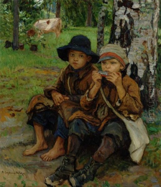 To Drenge I En Skovbund, Den Ene Spiller Pa Mundharmonika Oil Painting by Nikolai Petrovich Bogdanov-Bel'sky