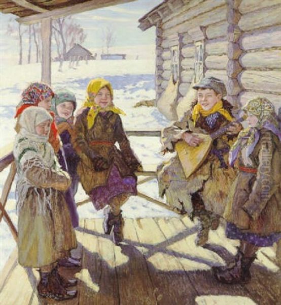 Born Pa En Terrasse Udenfor Et Hus, Vinter Oil Painting by Nikolai Petrovich Bogdanov-Bel'sky