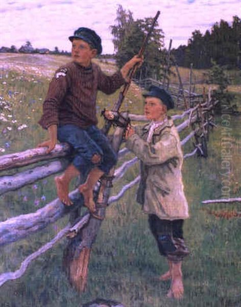 To Drenge Ved Et Gaerde Oil Painting by Nikolai Petrovich Bogdanov-Bel'sky