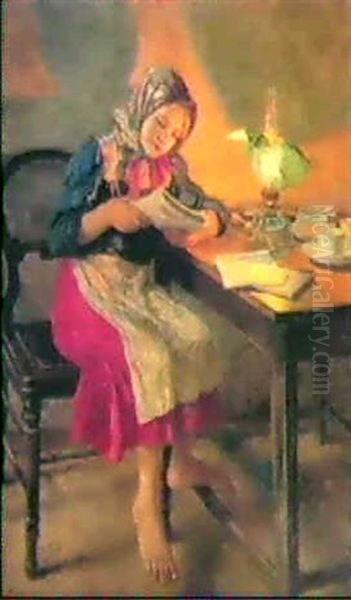 A Young Girl Reading By Lamplight Oil Painting by Nikolai Petrovich Bogdanov-Bel'sky