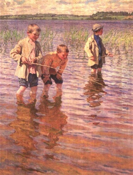 An Afternoon Fishing Oil Painting by Nikolai Petrovich Bogdanov-Bel'sky