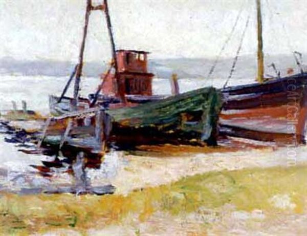 Fishing Boats At Dock Oil Painting by Abraham Jacob Bogdanove