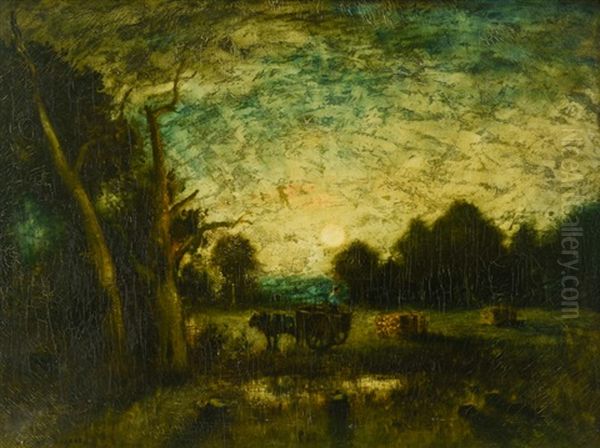 Tonalist Nocturnal Landscape, A Man Clearing Land And Loading Wood Onto A Cart Oil Painting by George Henry Bogert