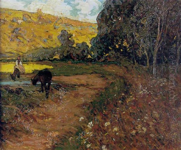 Chevaux S'abreuvant Oil Painting by Emilio Boggio