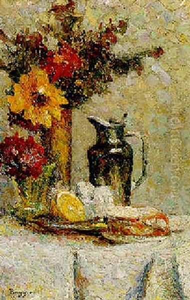 Fleurs, Tasse Et Jarre D'etain Glaze Oil Painting by Emilio Boggio