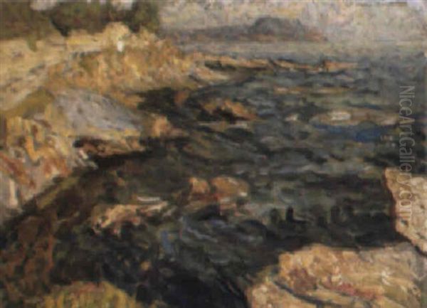 Mer Calme Et Rochers A Nervi by Emilio Boggio