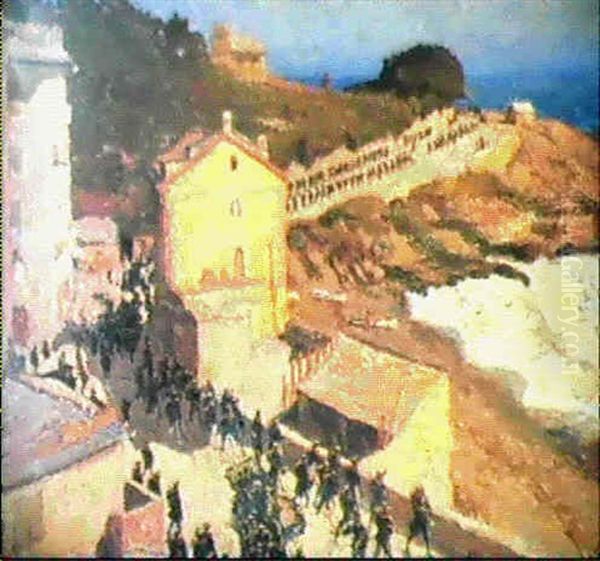 A Military Procession Oil Painting by Emilio Boggio